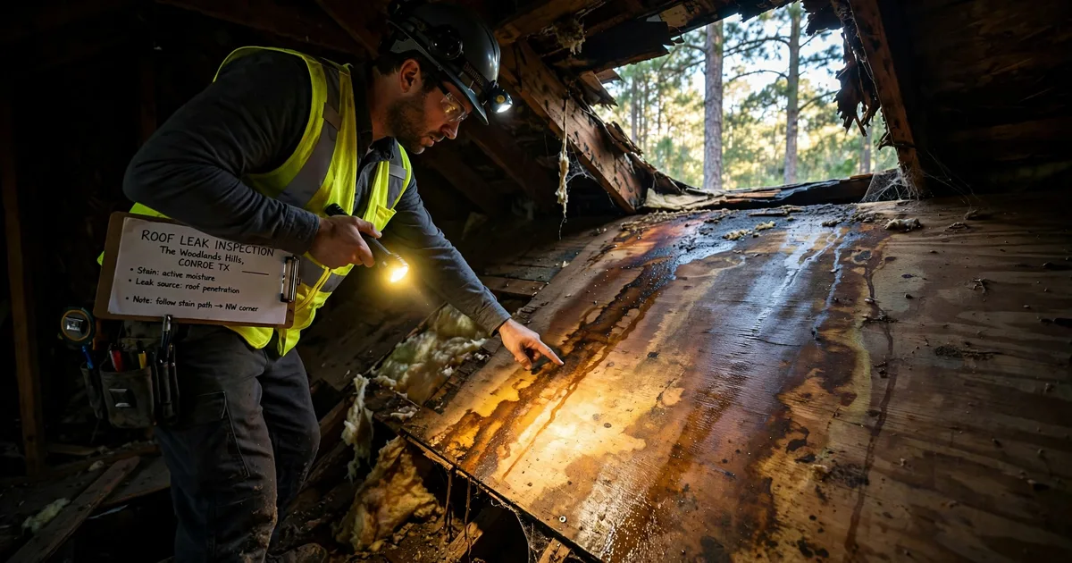 Roof leak repair in The Woodlands Hills, Conroe: water-stained attic roof decking lit by a flashlight beam, inspector tracing the leak path