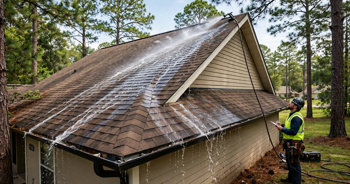 Roof leak repair in Walden, Conroe: controlled hose test on a roof slope, water stream on shingles with a technician watching