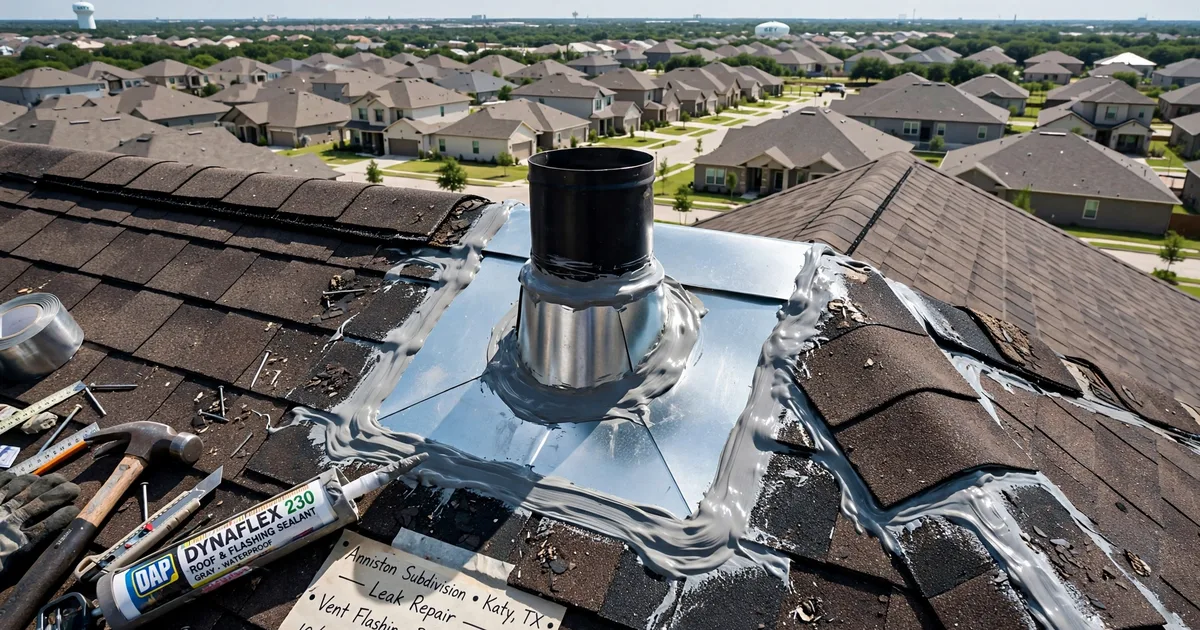 Roof leak repair in Anniston, Katy: new metal flashing installed around a roof vent, fresh sealant, shingles woven around it