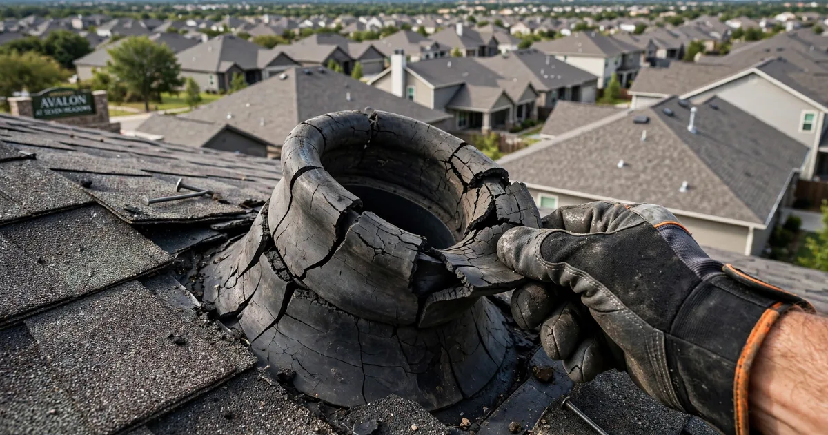 Roof leak repair in Avalon At Seven Meadows, Katy: close-up of a cracked rubber pipe boot on asphalt shingles, roofer's gloved hand lifting the collar