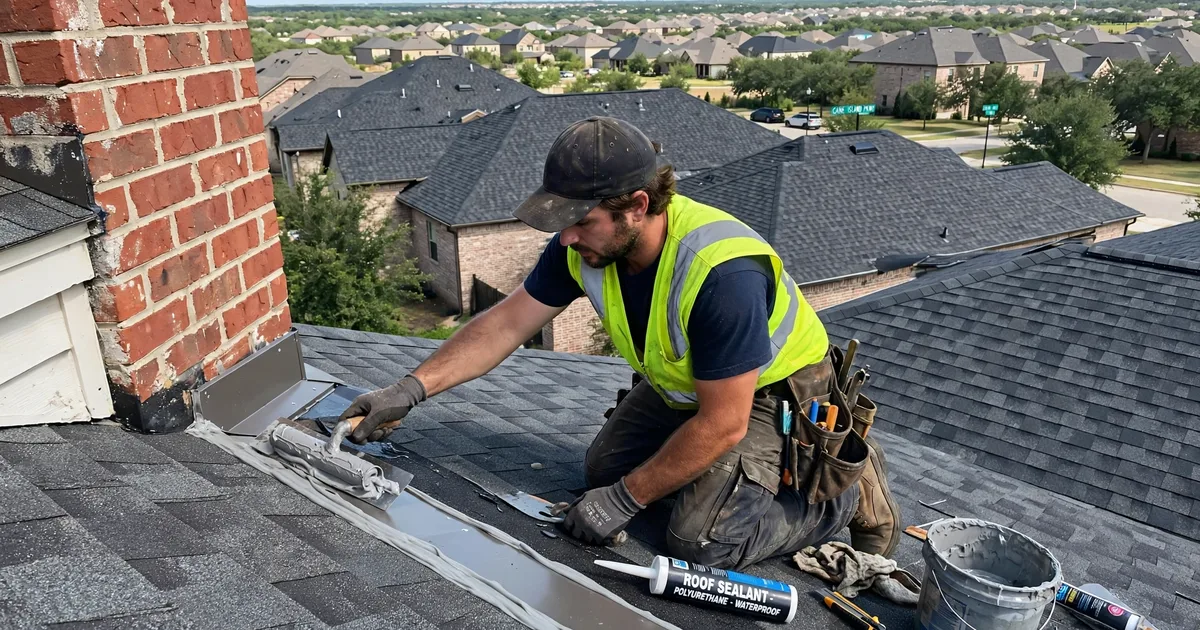 Roof leak repair in Cane Island, Katy: roofer resealing step flashing where the roof meets a brick wall, trowel and sealant