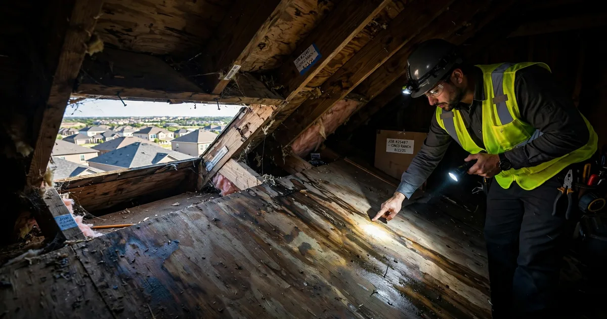 Roof leak repair in Cinco Ranch, Katy: water-stained attic roof decking lit by a flashlight beam, inspector tracing the leak path