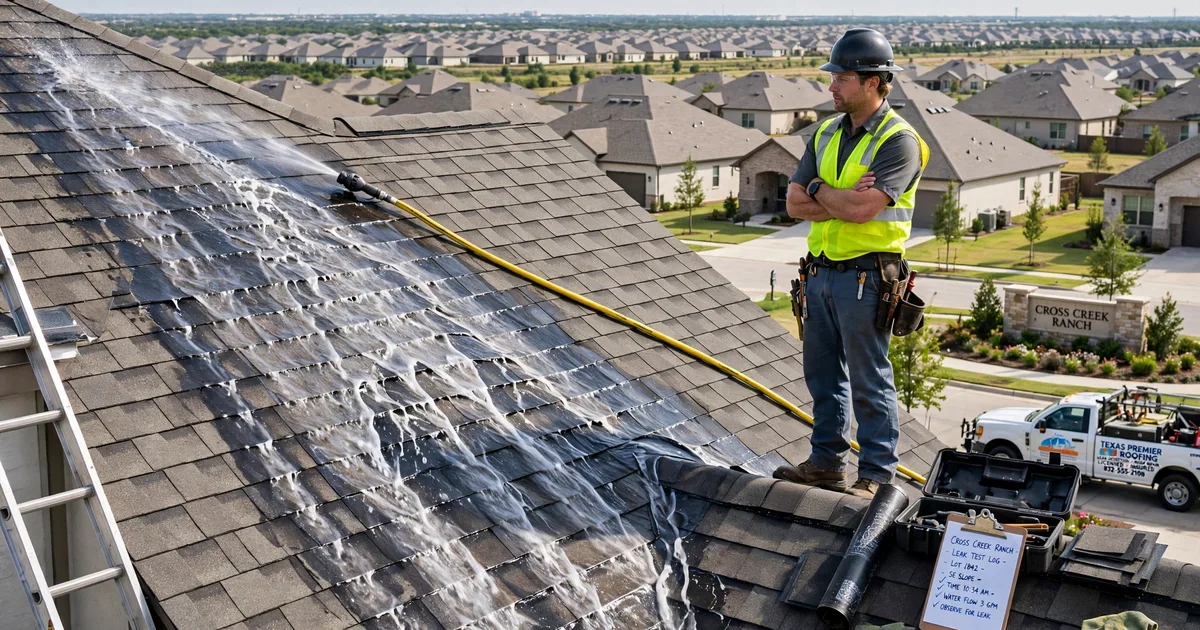 Roof leak repair in Cross Creek Ranch, Katy: controlled hose test on a roof slope, water stream on shingles with a technician watching