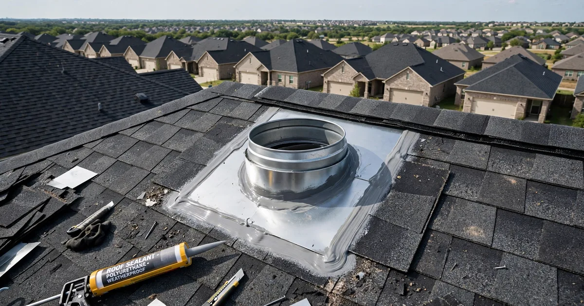 Roof leak repair in Elyson, Katy: new metal flashing installed around a roof vent, fresh sealant, shingles woven around it