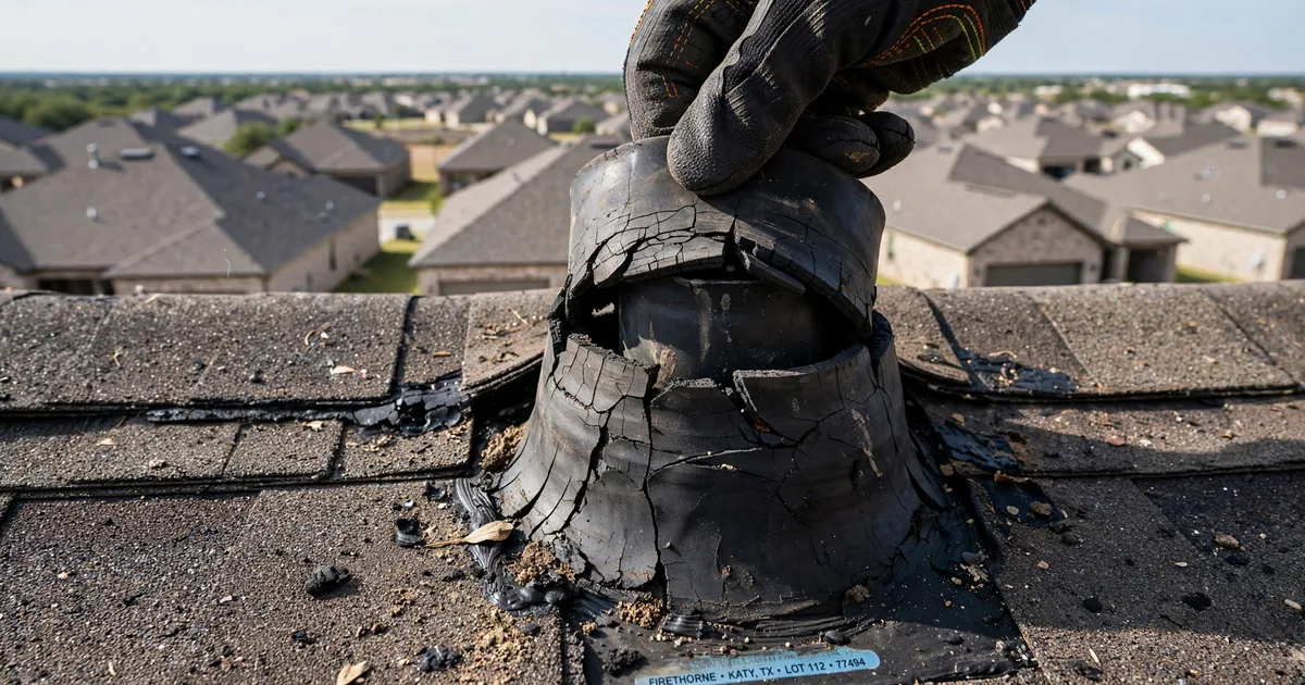 Roof leak repair in Firethorne, Katy: close-up of a cracked rubber pipe boot on asphalt shingles, roofer's gloved hand lifting the collar