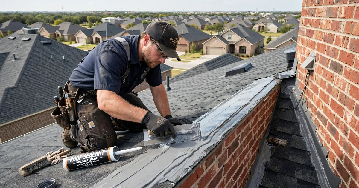 Roof leak repair in Grand Lakes, Katy: roofer resealing step flashing where the roof meets a brick wall, trowel and sealant