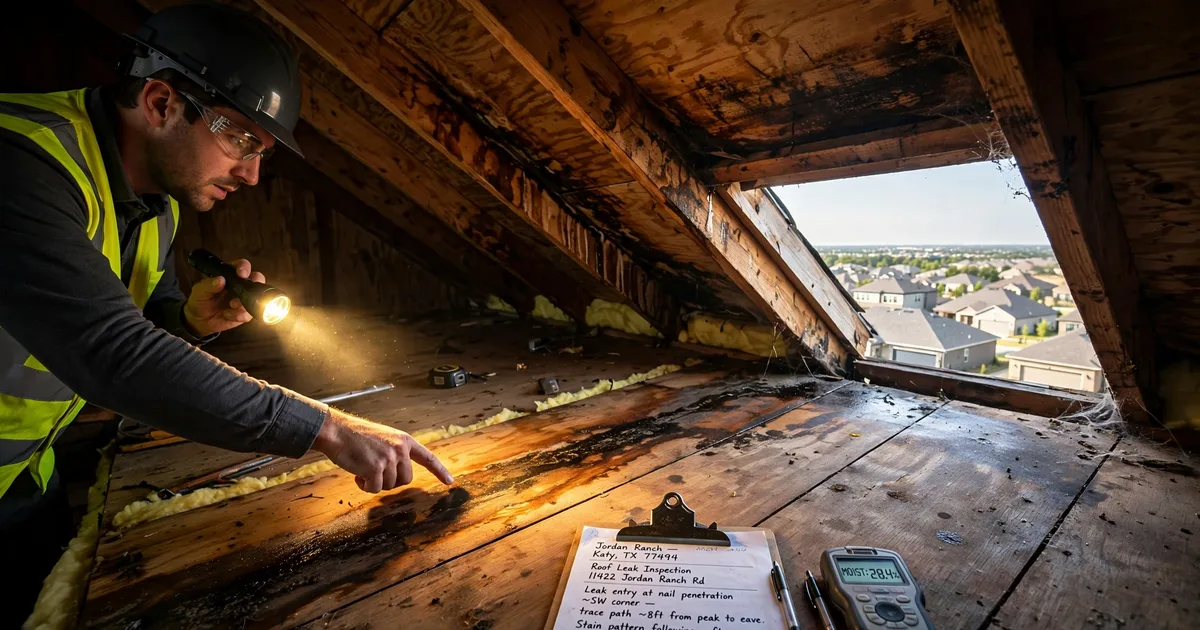 Roof leak repair in Jordan Ranch, Katy: water-stained attic roof decking lit by a flashlight beam, inspector tracing the leak path