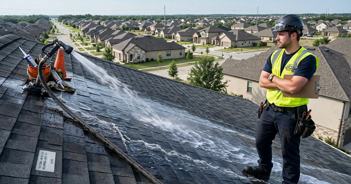Roof leak repair in Kelliwood, Katy: controlled hose test on a roof slope, water stream on shingles with a technician watching