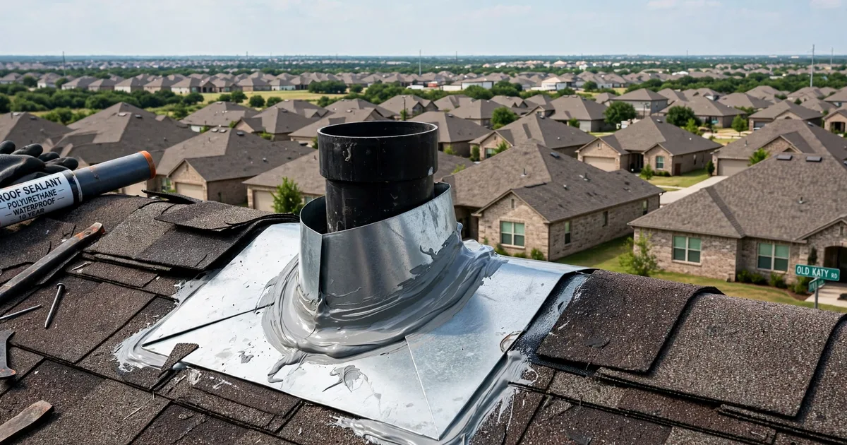 Roof leak repair in Old Katy, Katy: new metal flashing installed around a roof vent, fresh sealant, shingles woven around it