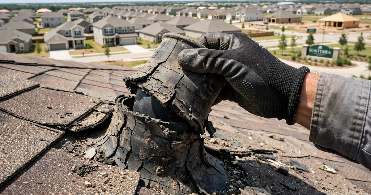 Roof leak repair in Sunterra, Katy: close-up of a cracked rubber pipe boot on asphalt shingles, roofer's gloved hand lifting the collar