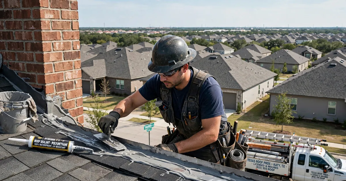 Roof leak repair in Tamarron, Katy: roofer resealing step flashing where the roof meets a brick wall, trowel and sealant
