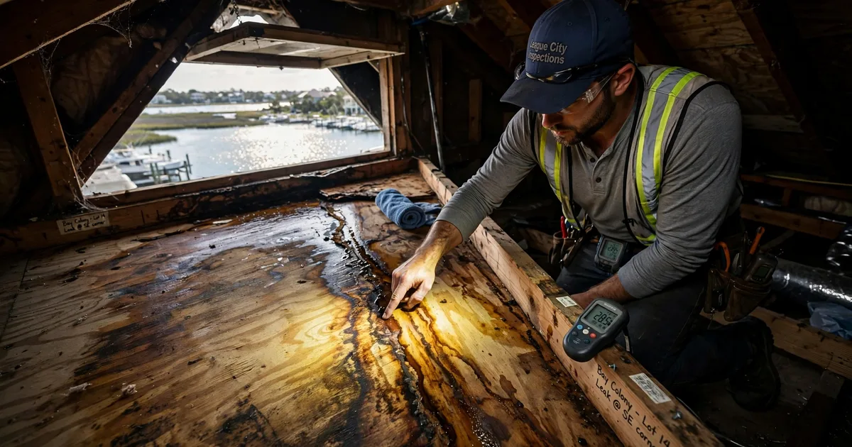 Roof leak repair in Bay Colony, League City: water-stained attic roof decking lit by a flashlight beam, inspector tracing the leak path