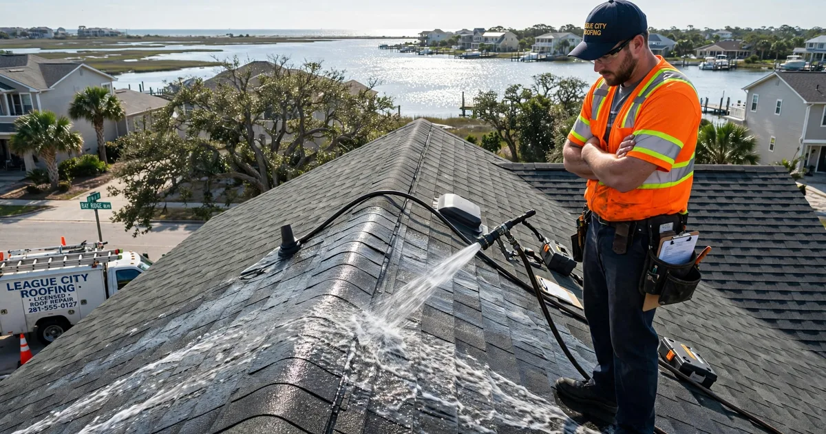 Roof leak repair in Bay Ridge, League City: controlled hose test on a roof slope, water stream on shingles with a technician watching