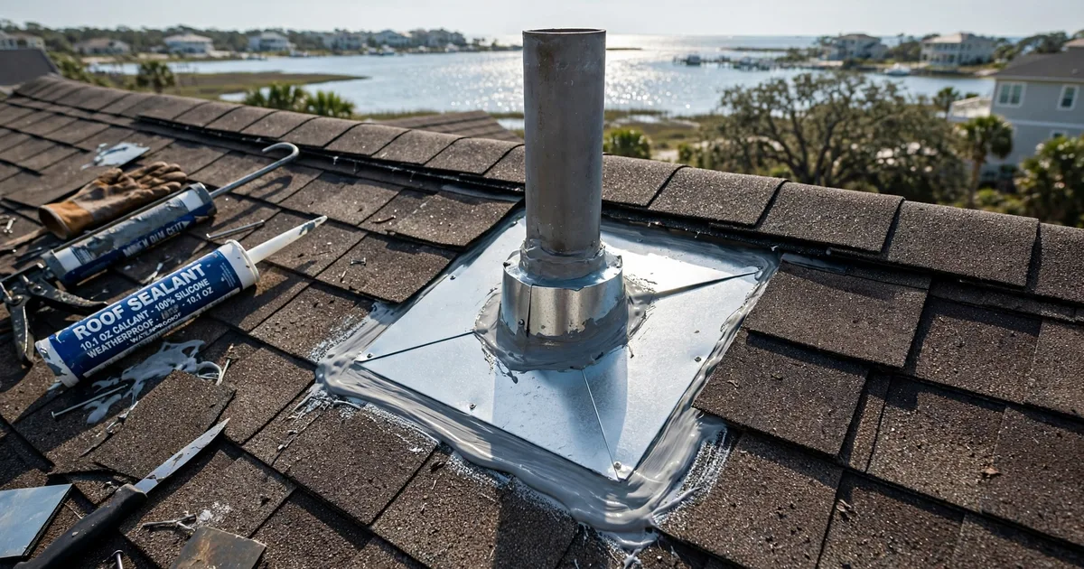 Roof leak repair in Coastal Point, League City: new metal flashing installed around a roof vent, fresh sealant, shingles woven around it