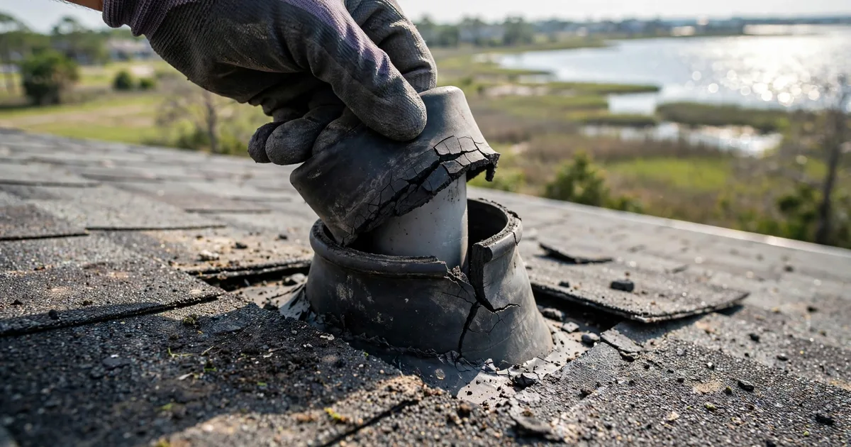 Roof leak repair in Countryside, League City: close-up of a cracked rubber pipe boot on asphalt shingles, roofer's gloved hand lifting the collar