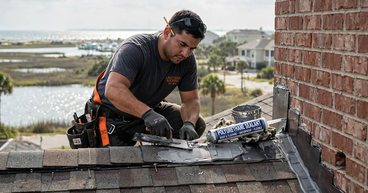 Roof leak repair in Lago Mar, League City: roofer resealing step flashing where the roof meets a brick wall, trowel and sealant