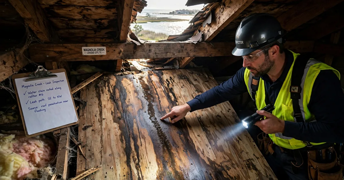 Roof leak repair in Magnolia Creek, League City: water-stained attic roof decking lit by a flashlight beam, inspector tracing the leak path