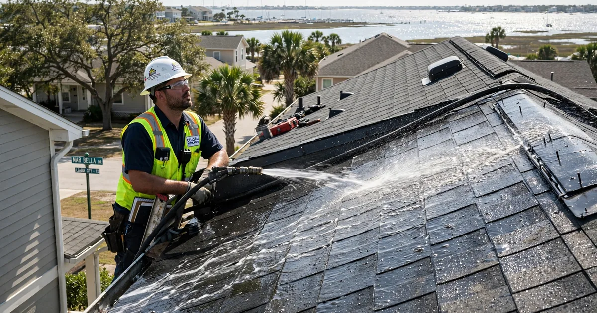 Roof leak repair in Mar Bella, League City: controlled hose test on a roof slope, water stream on shingles with a technician watching