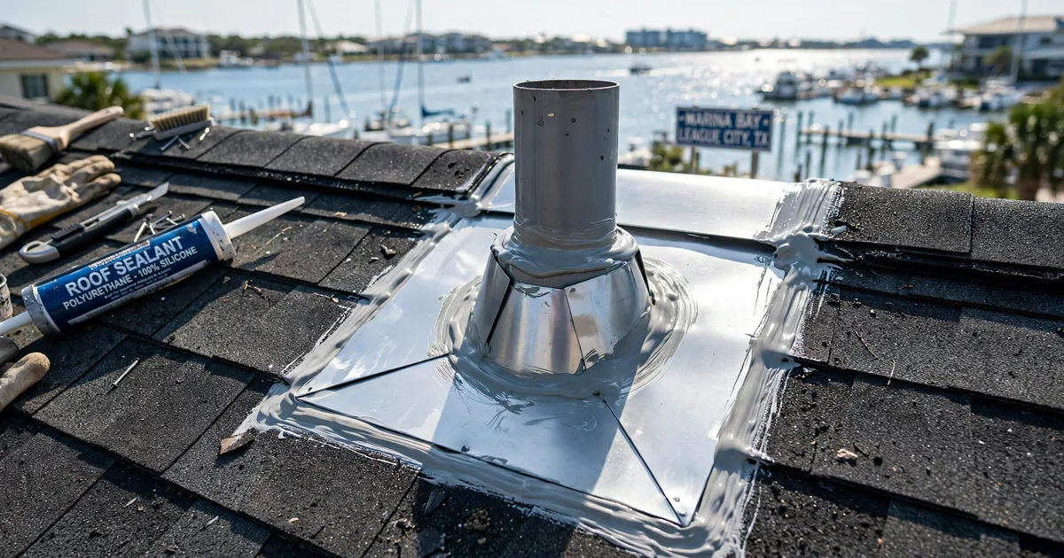 Roof leak repair in Marina Bay, League City: new metal flashing installed around a roof vent, fresh sealant, shingles woven around it