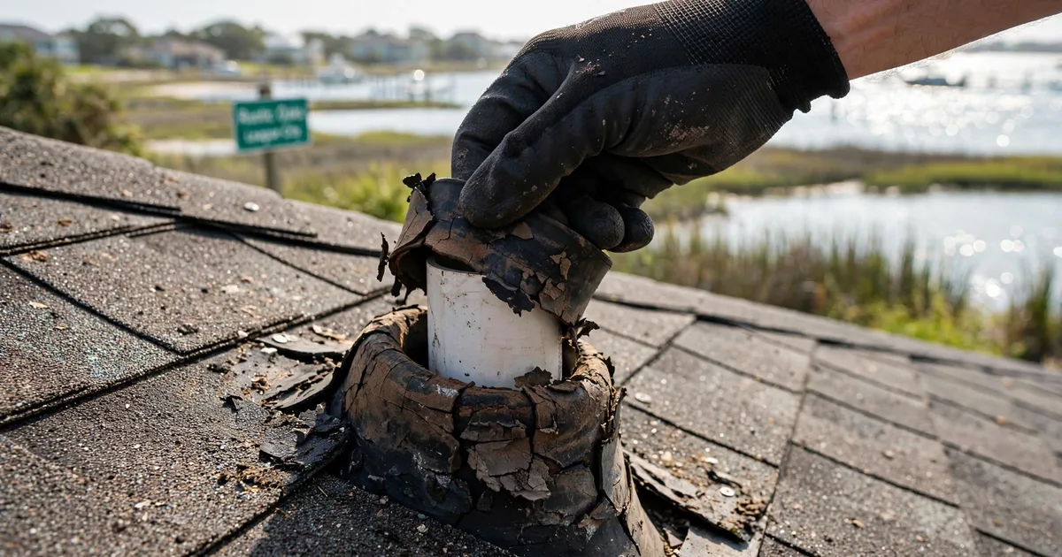 Roof leak repair in Rustic Oaks, League City: close-up of a cracked rubber pipe boot on asphalt shingles, roofer's gloved hand lifting the collar