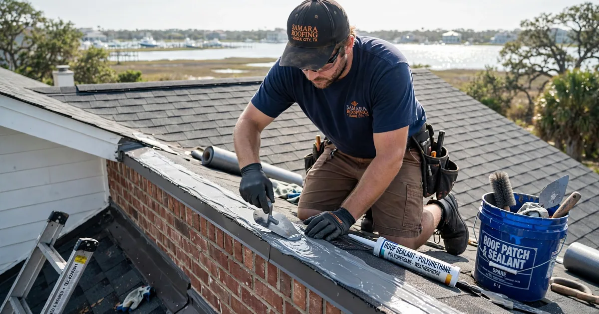 Roof leak repair in Samara, League City: roofer resealing step flashing where the roof meets a brick wall, trowel and sealant