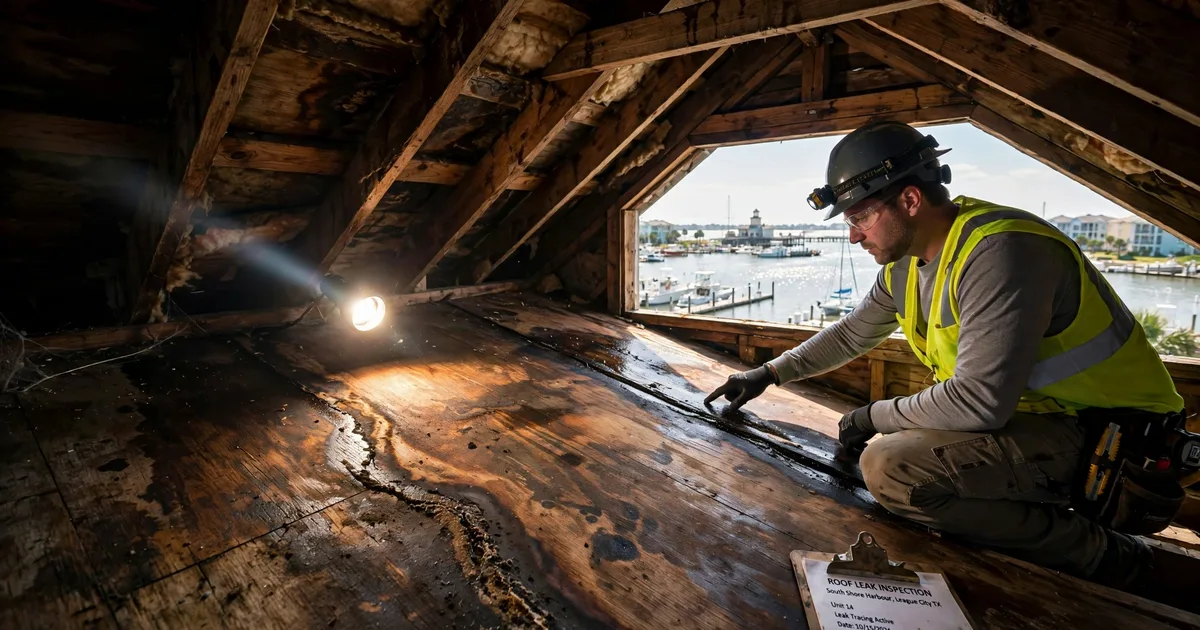 Roof leak repair in South Shore Harbour, League City: water-stained attic roof decking lit by a flashlight beam, inspector tracing the leak path