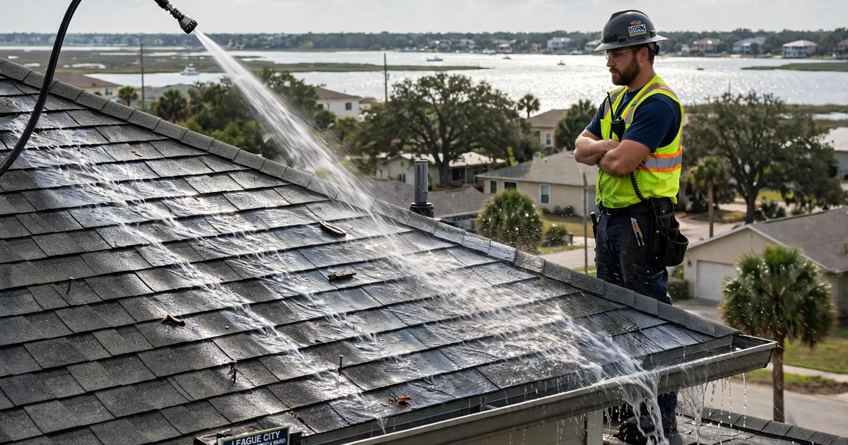 Roof leak repair in South Shore, League City: controlled hose test on a roof slope, water stream on shingles with a technician watching