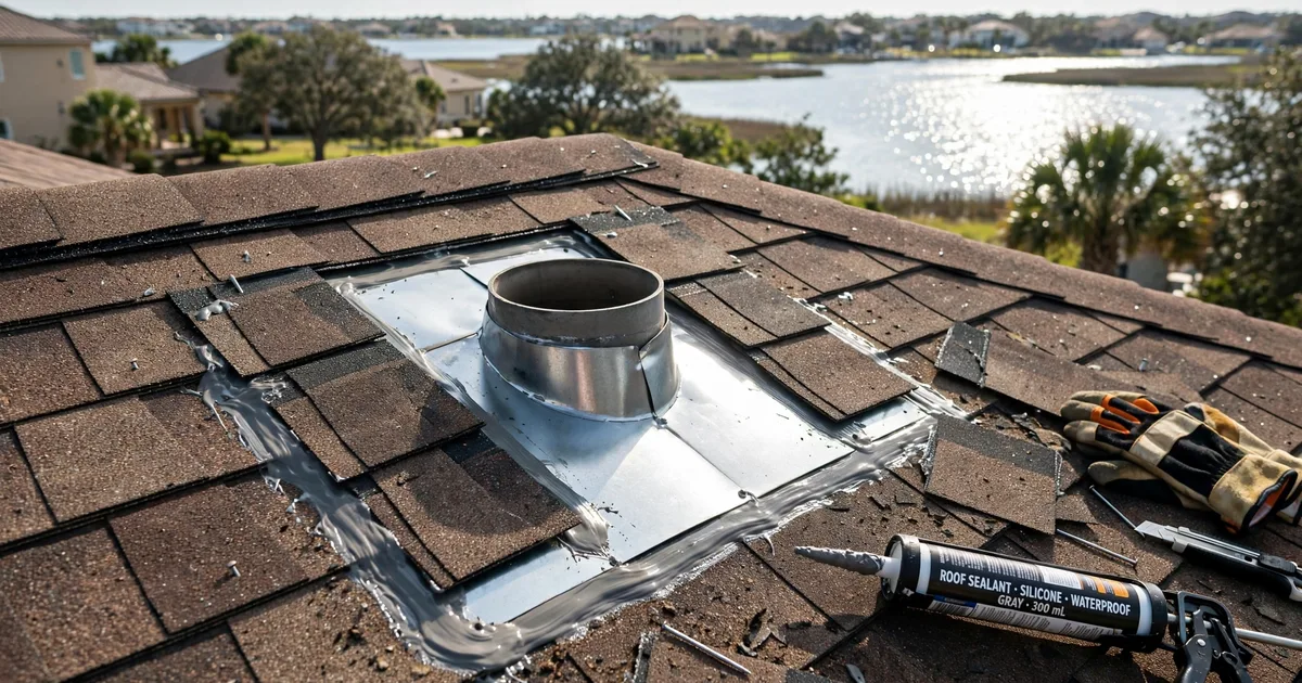 Roof leak repair in Tuscan Lakes, League City: new metal flashing installed around a roof vent, fresh sealant, shingles woven around it