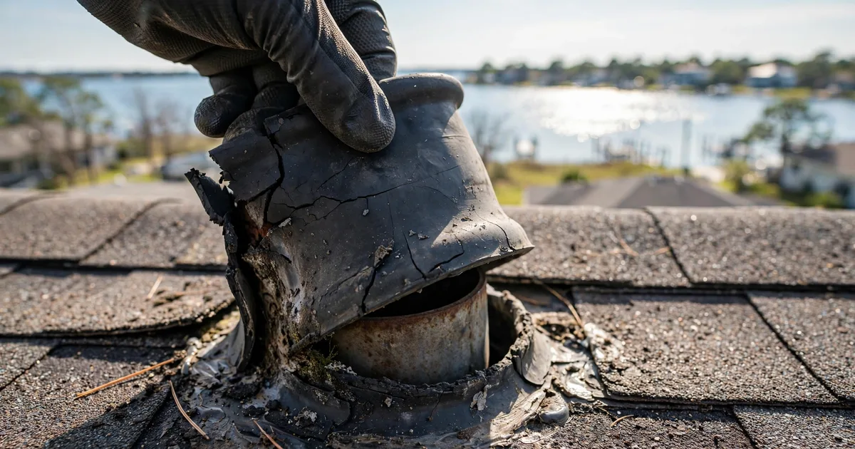 Roof leak repair in Victory Lakes, League City: close-up of a cracked rubber pipe boot on asphalt shingles, roofer's gloved hand lifting the collar