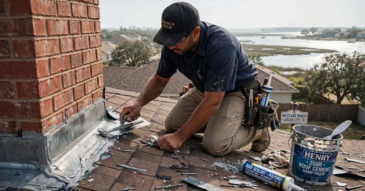 Roof leak repair in Westland Ranch, League City: roofer resealing step flashing where the roof meets a brick wall, trowel and sealant