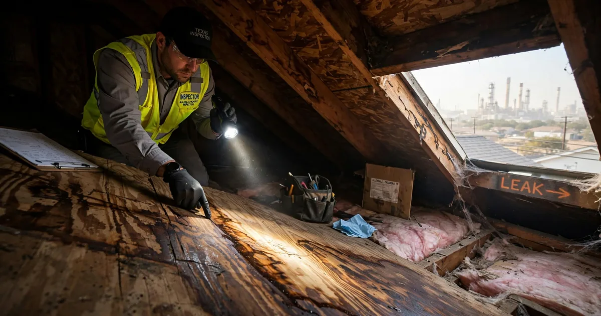 Roof leak repair in Allendale, Pasadena: water-stained attic roof decking lit by a flashlight beam, inspector tracing the leak path