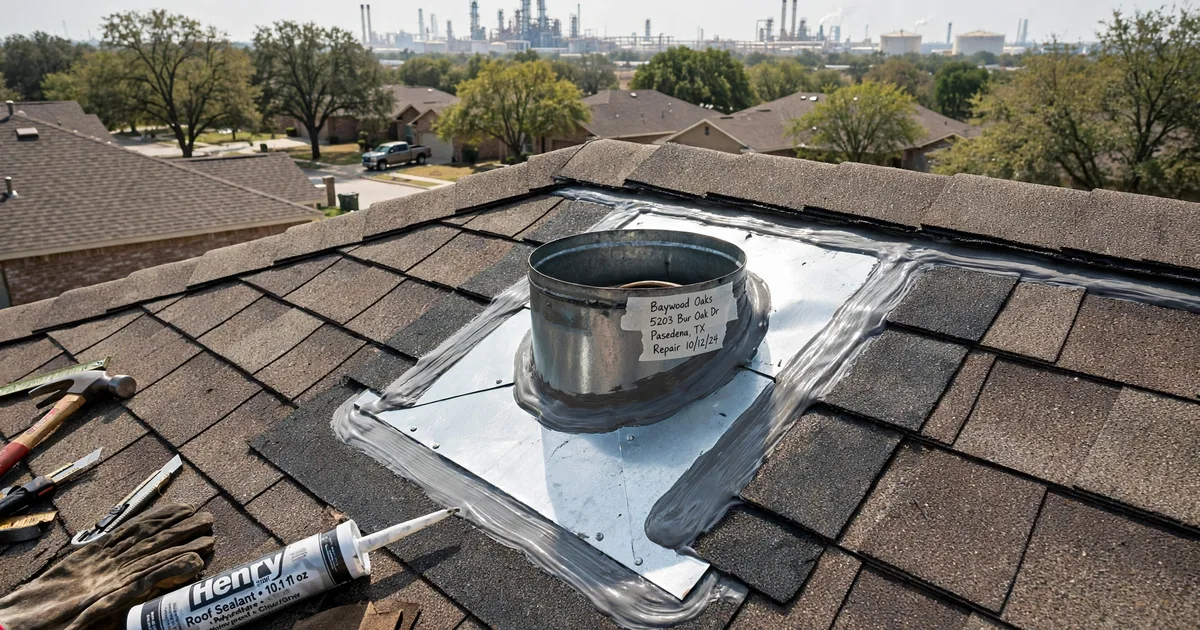 Roof leak repair in Baywood Oaks, Pasadena: new metal flashing installed around a roof vent, fresh sealant, shingles woven around it