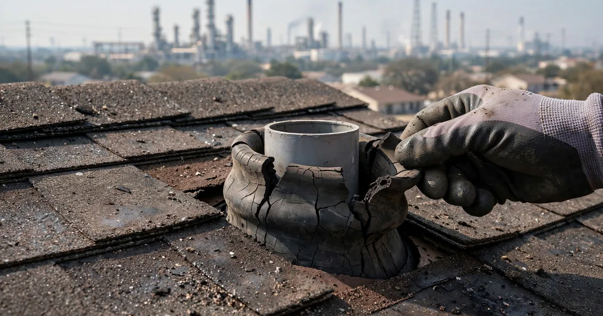 Roof leak repair in Baywood Shadows, Pasadena: close-up of a cracked rubber pipe boot on asphalt shingles, roofer's gloved hand lifting the collar