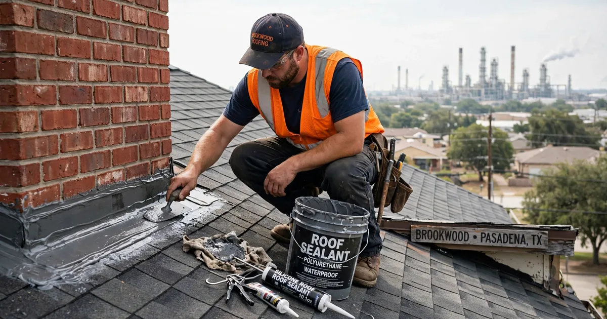 Roof leak repair in Brookwood, Pasadena: roofer resealing step flashing where the roof meets a brick wall, trowel and sealant
