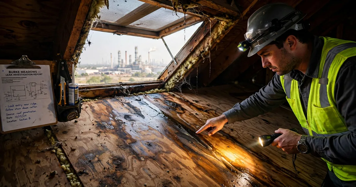 Roof leak repair in Burke Meadows, Pasadena: water-stained attic roof decking lit by a flashlight beam, inspector tracing the leak path