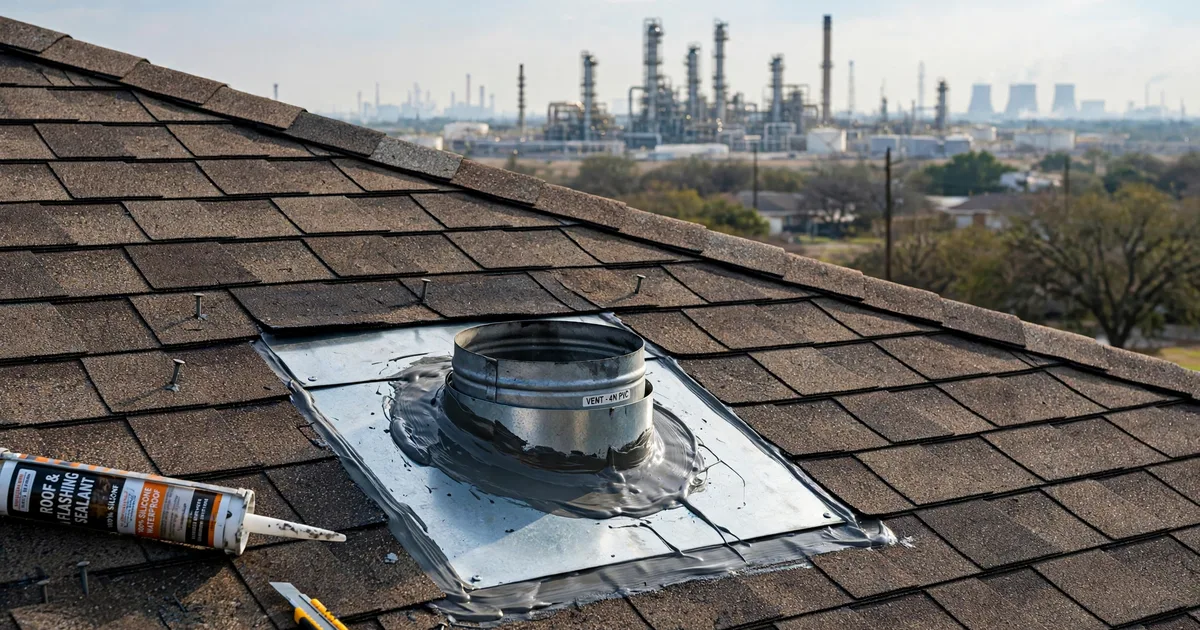 Roof leak repair in Clear Lake City Pasadena, Pasadena: new metal flashing installed around a roof vent, fresh sealant, shingles woven around it