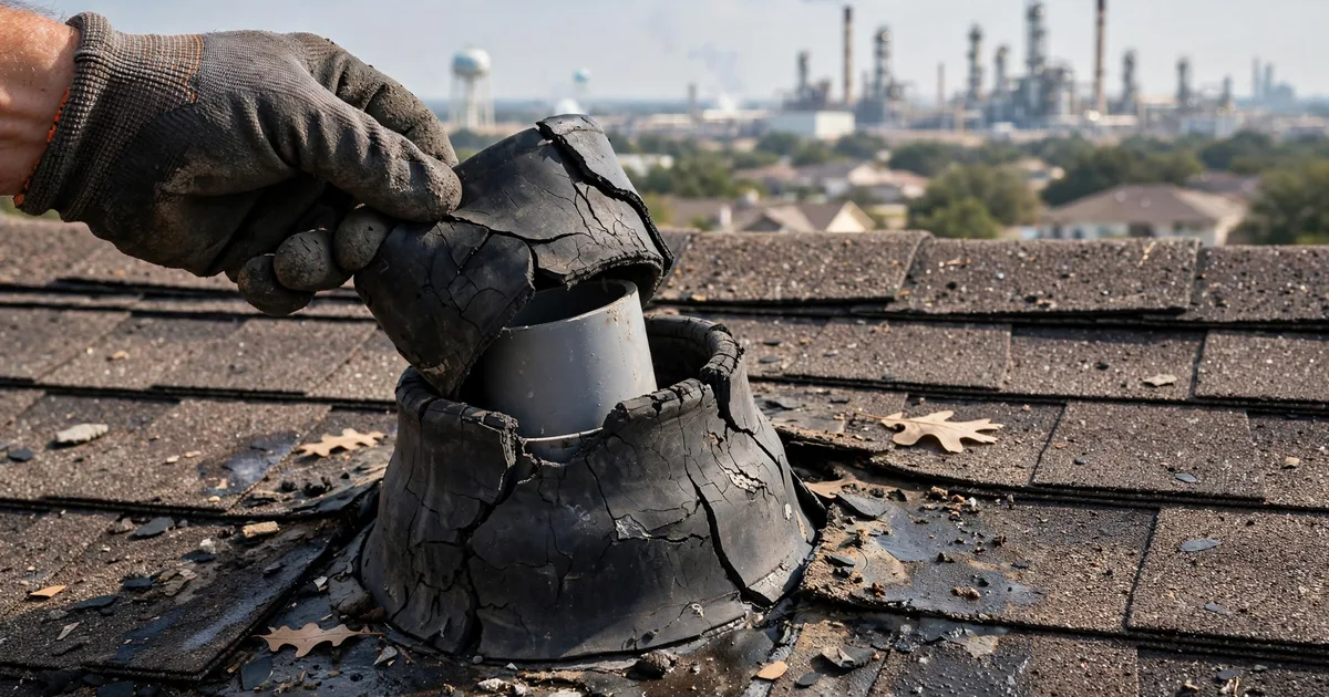 Roof leak repair in Country Meadows, Pasadena: close-up of a cracked rubber pipe boot on asphalt shingles, roofer's gloved hand lifting the collar