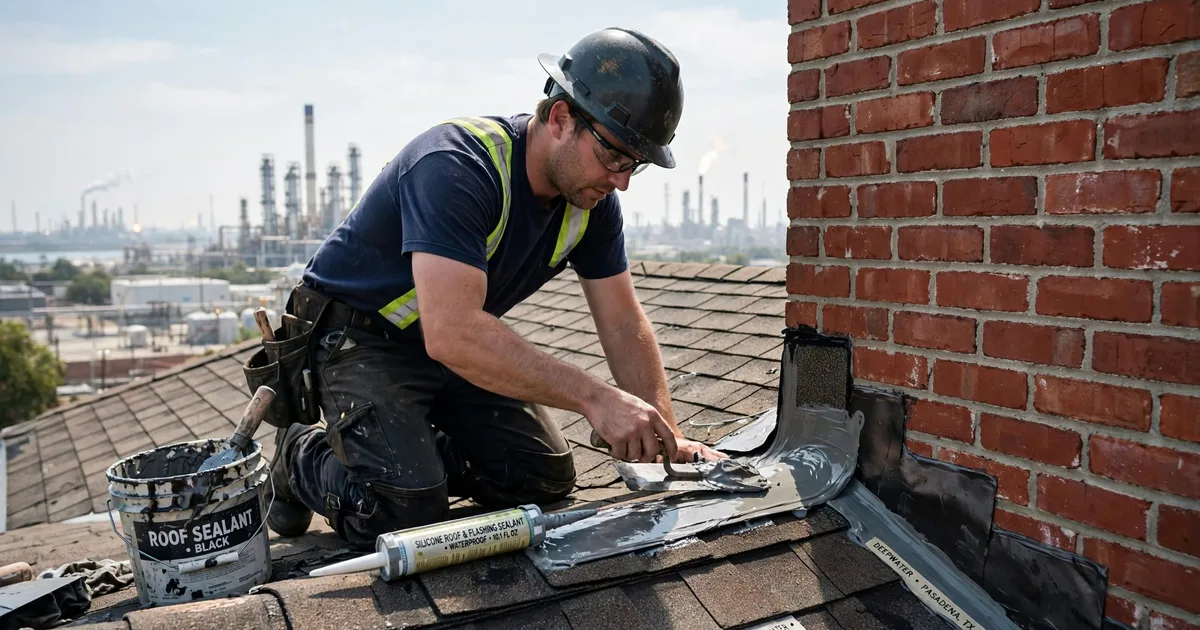 Roof leak repair in Deepwater, Pasadena: roofer resealing step flashing where the roof meets a brick wall, trowel and sealant