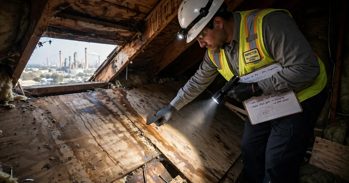 Roof leak repair in El Jardin Del Mar, Pasadena: water-stained attic roof decking lit by a flashlight beam, inspector tracing the leak path
