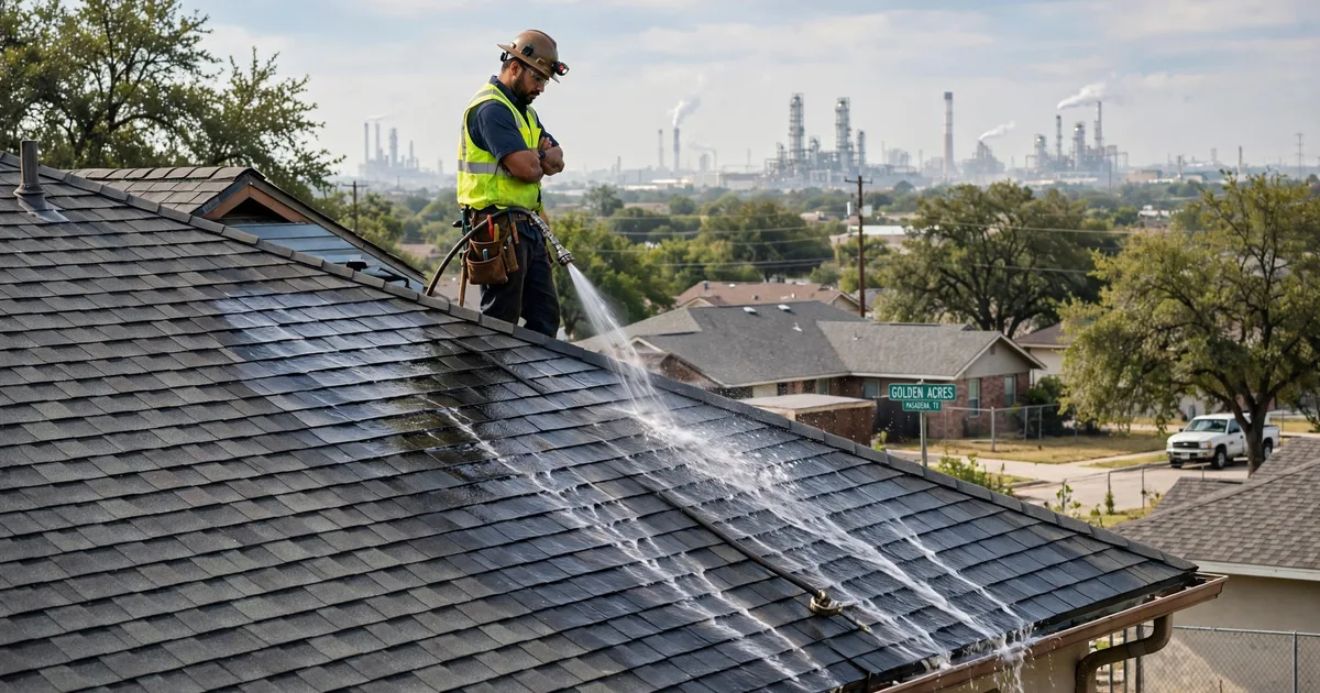 Roof leak repair in Golden Acres, Pasadena: controlled hose test on a roof slope, water stream on shingles with a technician watching