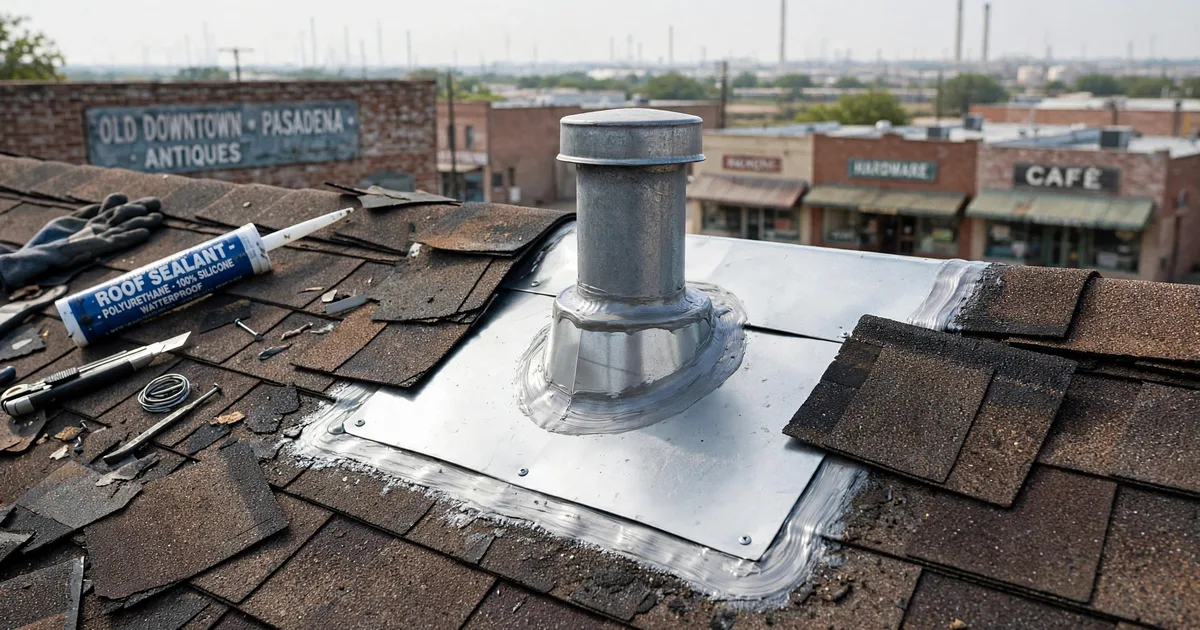 Roof leak repair in Old Downtown, Pasadena: new metal flashing installed around a roof vent, fresh sealant, shingles woven around it