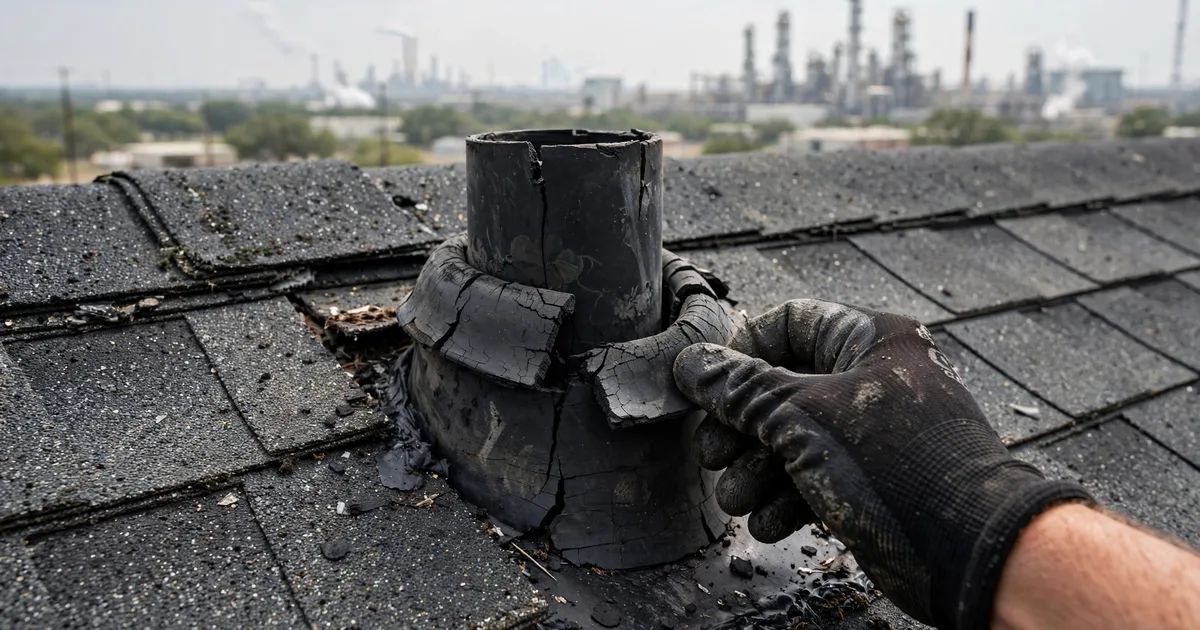 Roof leak repair in Parkland Village, Pasadena: close-up of a cracked rubber pipe boot on asphalt shingles, roofer's gloved hand lifting the collar