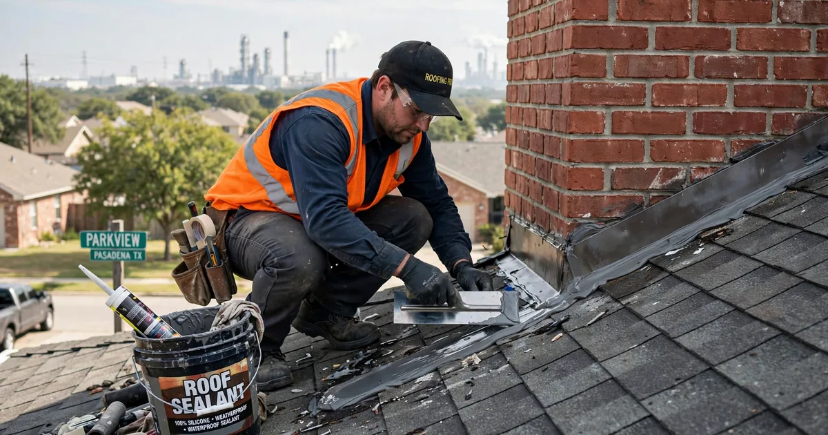 Roof leak repair in Parkview Estates, Pasadena: roofer resealing step flashing where the roof meets a brick wall, trowel and sealant