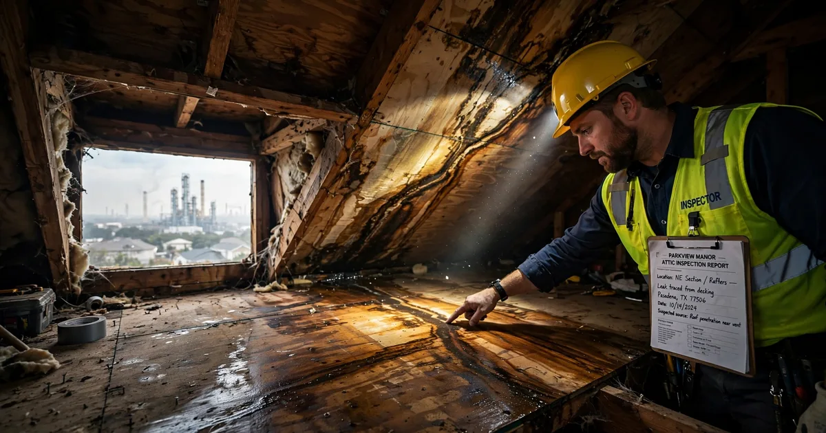 Roof leak repair in Parkview Manor, Pasadena: water-stained attic roof decking lit by a flashlight beam, inspector tracing the leak path
