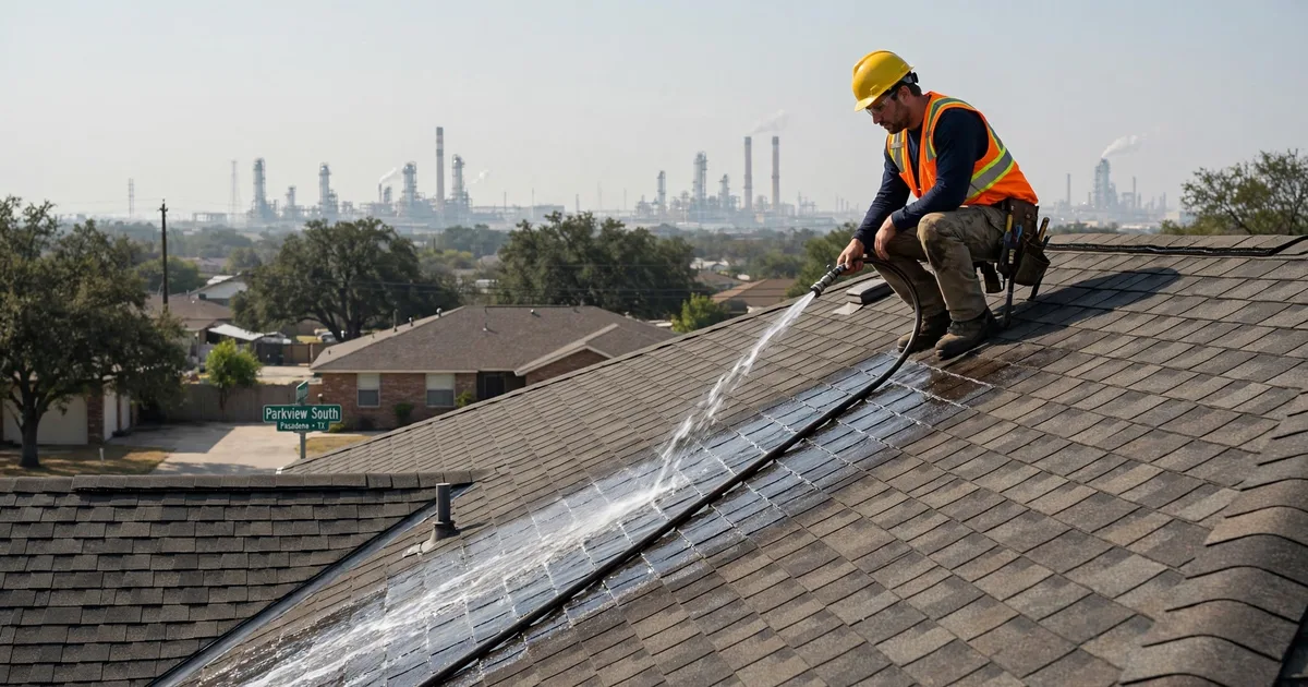 Roof leak repair in Parkview South, Pasadena: controlled hose test on a roof slope, water stream on shingles with a technician watching