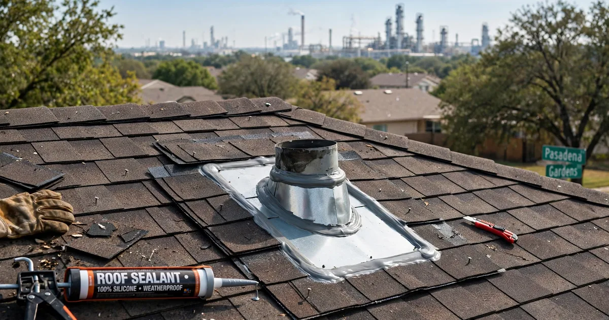 Roof leak repair in Pasadena Gardens, Pasadena: new metal flashing installed around a roof vent, fresh sealant, shingles woven around it