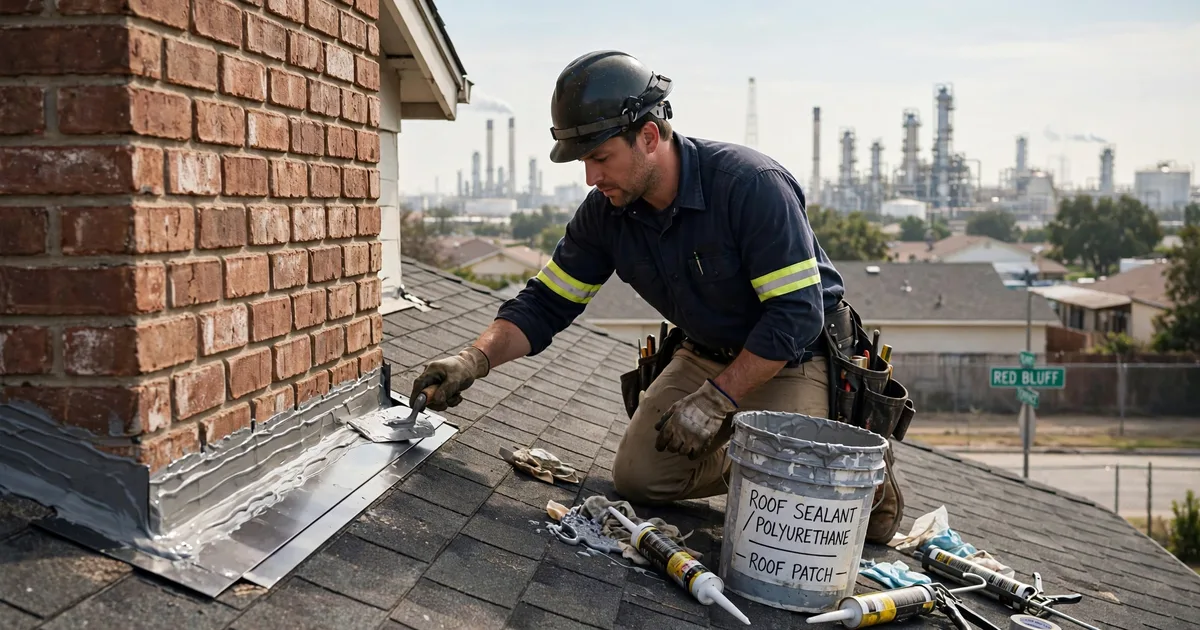 Roof leak repair in Red Bluff Terrace, Pasadena: roofer resealing step flashing where the roof meets a brick wall, trowel and sealant