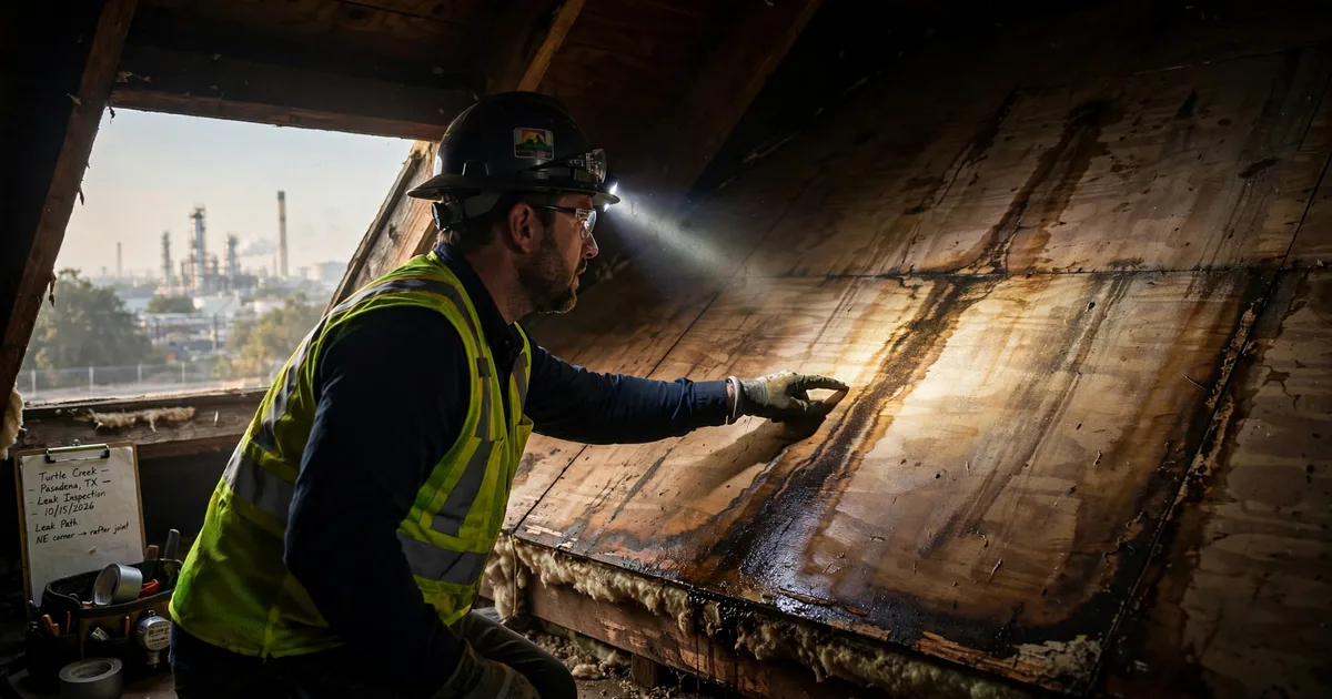 Roof leak repair in Turtle Creek, Pasadena: water-stained attic roof decking lit by a flashlight beam, inspector tracing the leak path
