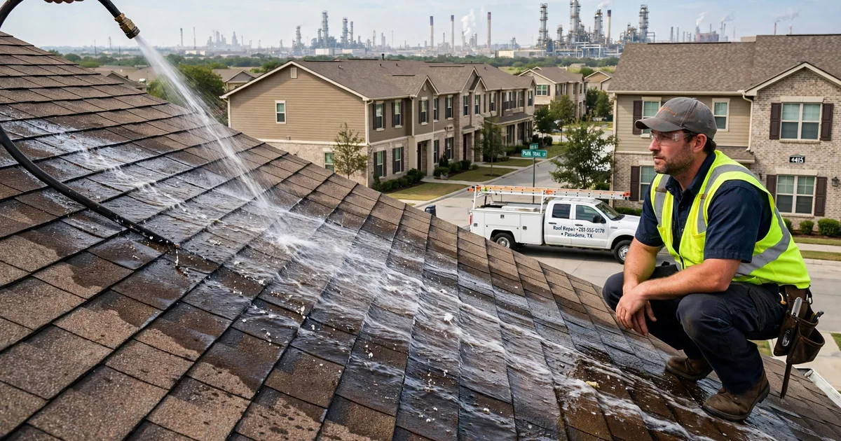 Roof leak repair in Village Grove East Townhomes, Pasadena: controlled hose test on a roof slope, water stream on shingles with a technician watching