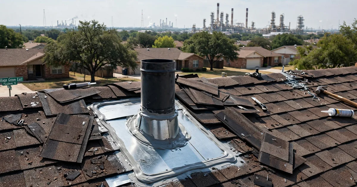 Roof leak repair in Village Grove East, Pasadena: new metal flashing installed around a roof vent, fresh sealant, shingles woven around it